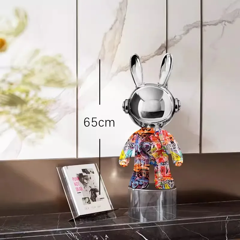 Modern Art Silver Outer Space Astronauts Statue Decoration Headphone Rabbit Statue Biberglass Resin Sculpture