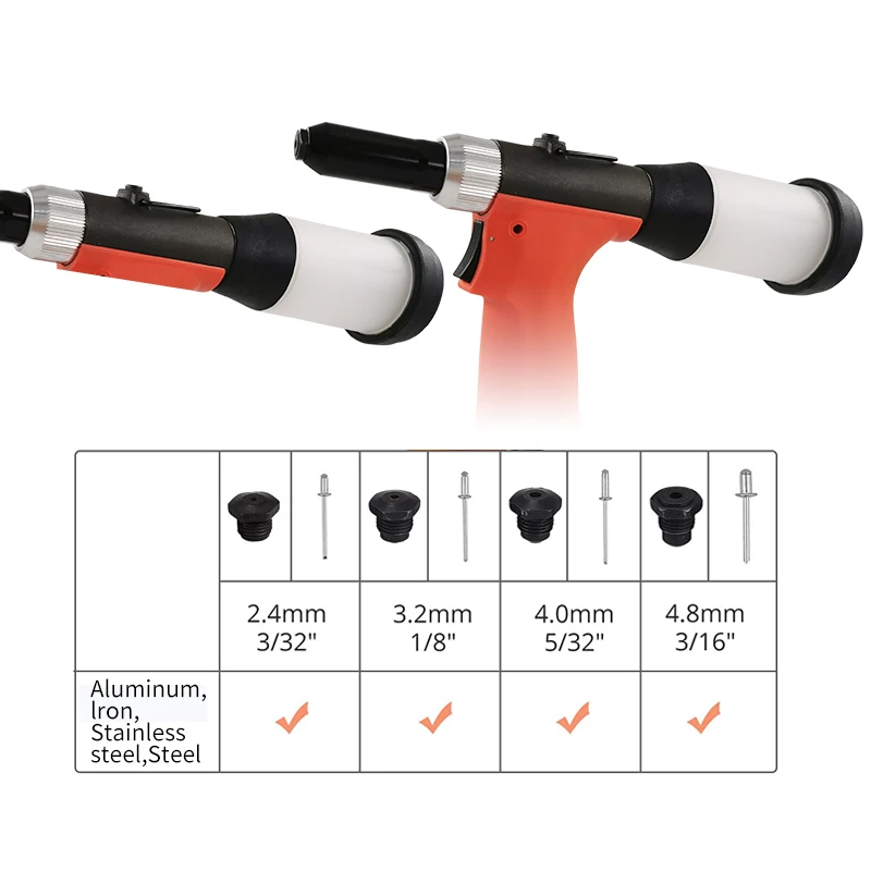 Экономичный пневматический инструмент с двойной мощностью, пневматический гидравлический клепальный пистолет, клепальный пистолет с носовым упором 3/32 дюйма, 1/8 дюйма, 5/32 дюйма, 3/16 дюйма