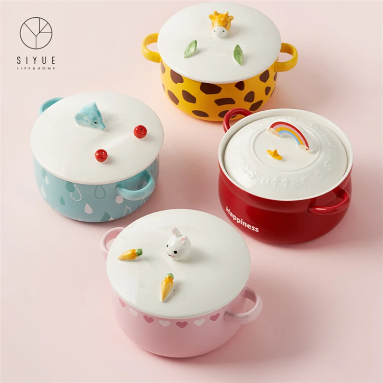 Korea Cute Design Binaural Bowls Cartoon Colorful Ceramic Ramen Soup Noodle Bowl Set 1593