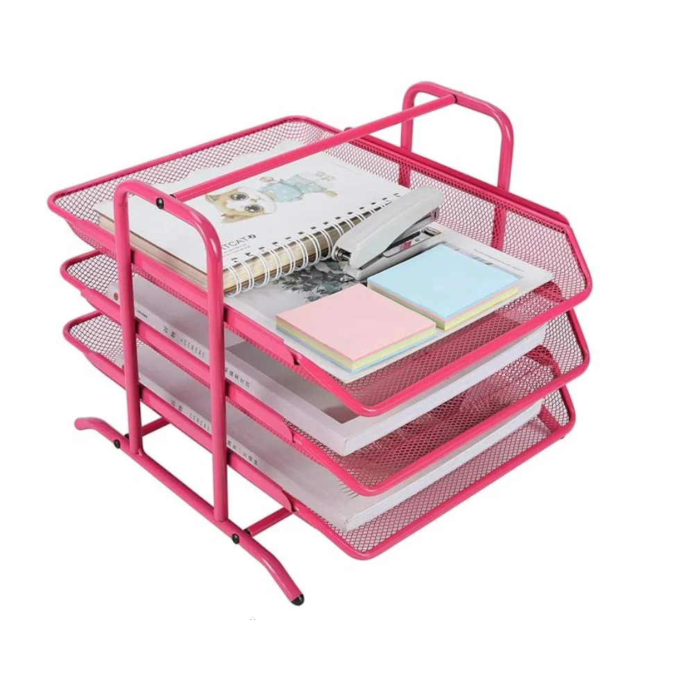 Metal Mesh Desk Organizer Tray with 3 Sliding Trays for Letters Documents Mail Files Paper Organizer