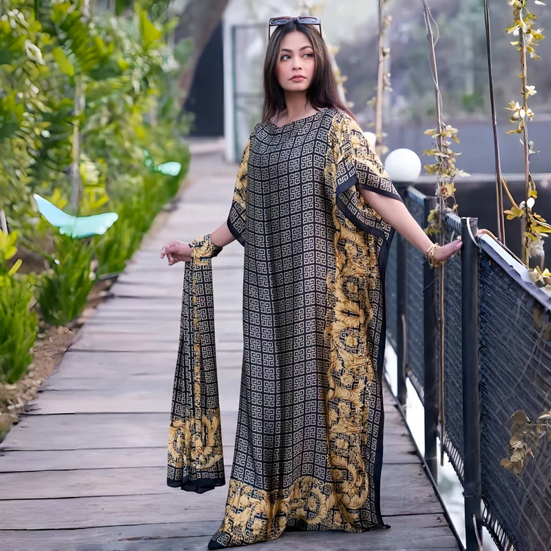 Middle East Islamic Muslim Party Dress Luxury Designer Silk Printed Kaftan Fashion Silk Dressing Gowns For Women Large Size Robe