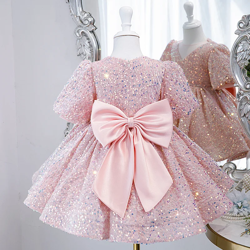 Kids Celebration Party Clothing 2-12 Years Pink Bows Sequined V-neck Children Christmas Prom Gown Flower Girls Wedding Dresses