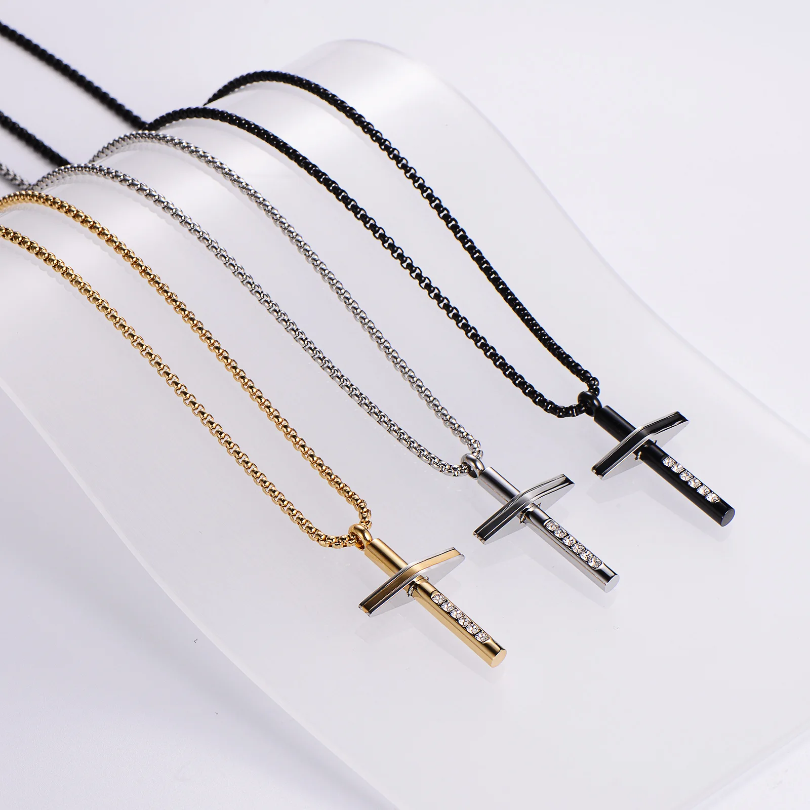 trendy jewelry waterproof stainless steel 18k gold plated cross cubic zircon pendant necklace men