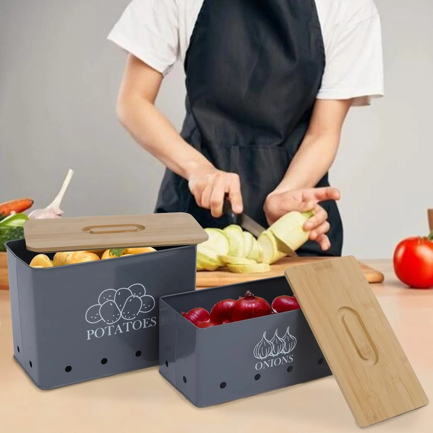 Set of 2 Stacking Kitchen Vegetable Fruits Storage Boxes for Potato Onion  Garlic with Bamboo Lid