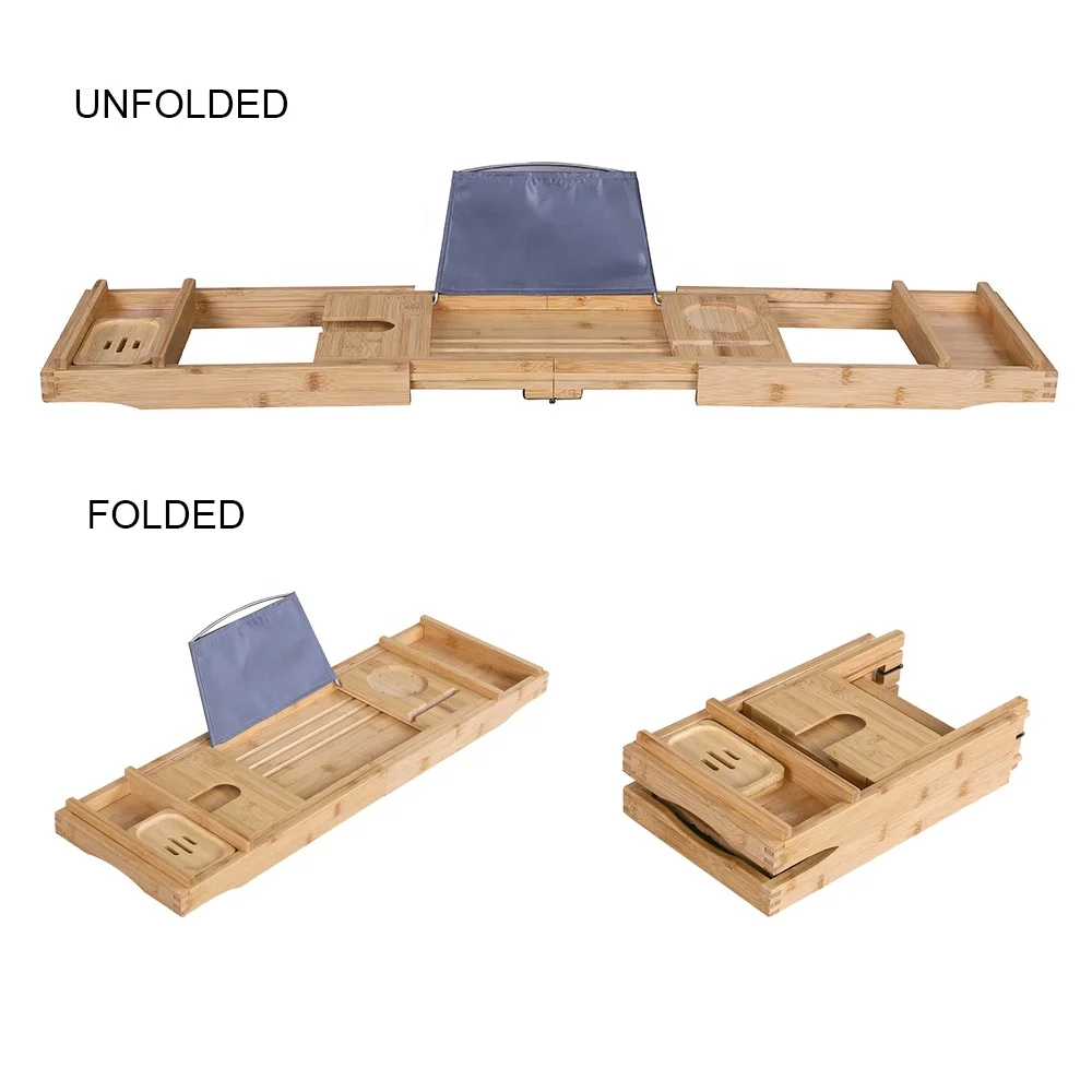 Luxury Eco-Friendly Bamboo Bathtub Caddy Tray Expandable Wooden Bath Tub Shelf Boxed Bathroom Accessory
