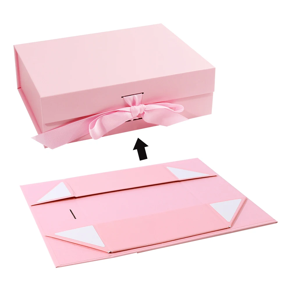 pink gift package Recyclable Coated Paper Foldable Gift Box Packaging With Ribbon