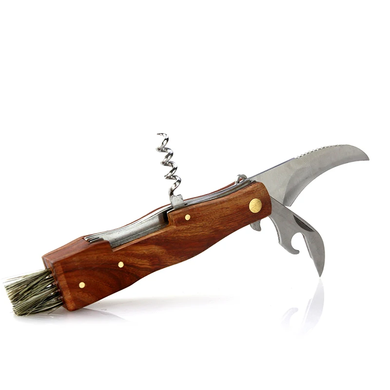Amazon Hot Selling Rosewood Handle 5 in1 Brush Cork Screw Bottle Opener Keychain Folding Mushroom Knife