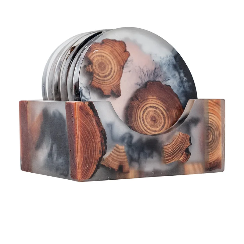 Drink Coasters Pine Wood & Resin Absorbent Coaster Tabletop Protection for Glassware Decoration Gift Set