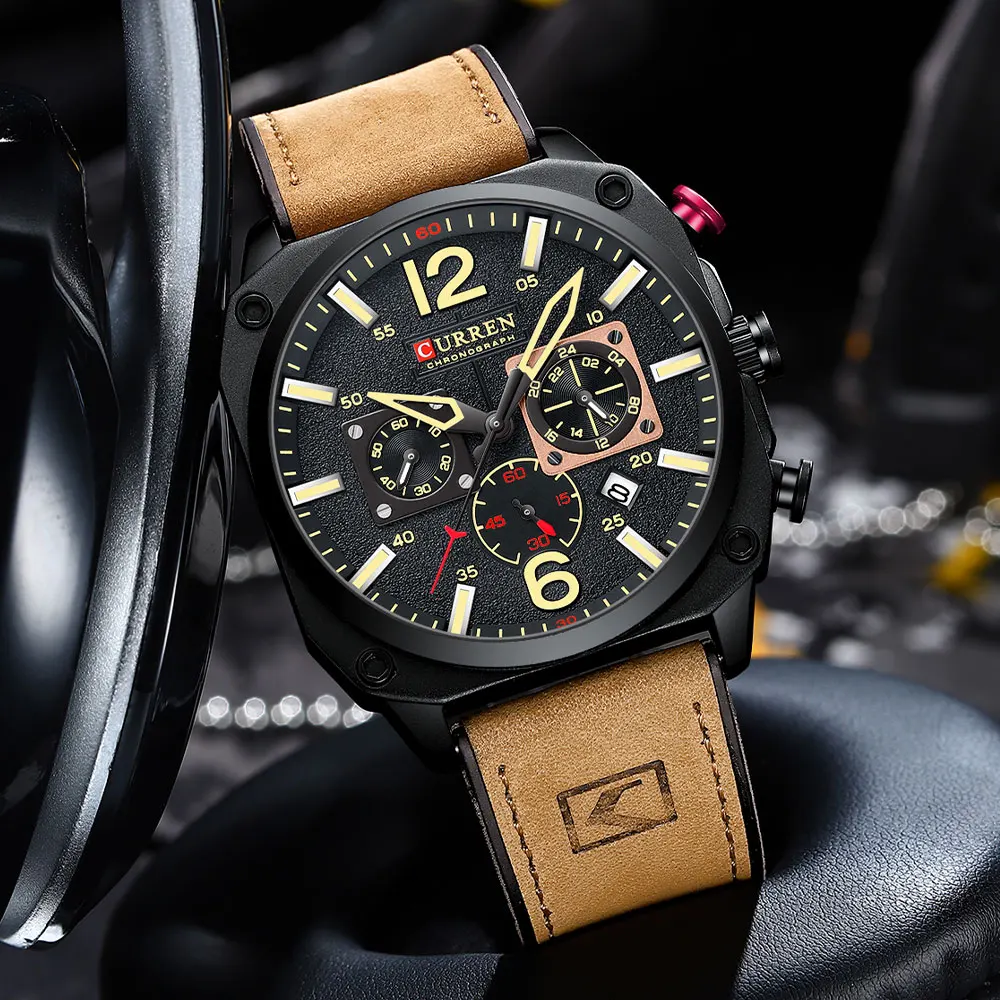 2023 CURREN Watch 8398 Luxury Men Square Brown Quartz Wristwatches Male Luminous Chronograph Dial Leather Clock Sports Watch