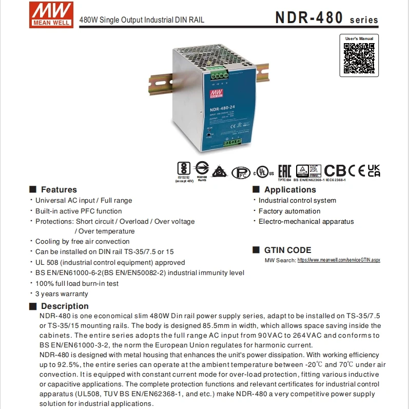 Meanwell 480 Вт тонкий импульсный источник питания 24 В 20 А NDR-480-24 одиночная Выходная промышленная DIN-рейка NDR48048