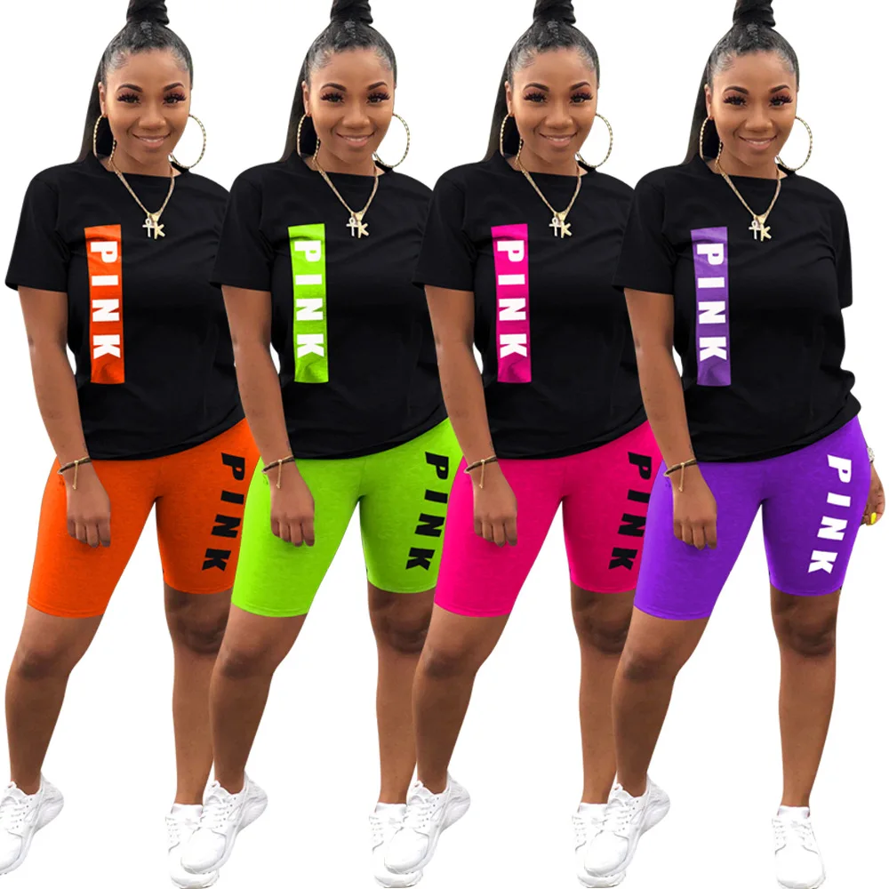 Tracksuit Two Piece Sets Women Outfits Pink Letter Print Blouse Shirts and Shorts Workout Sets for Women 2 Piece Biker Short Set
