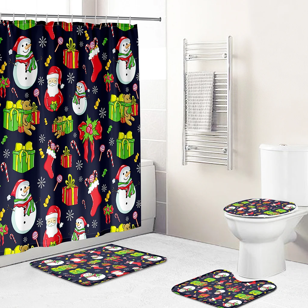 Напечатание рождественское наборы для ванной 4-PC Рождественская душевая шторка коврик для ванной комнаты, непромокаемый комбинезон на Рождество занавеска для душа