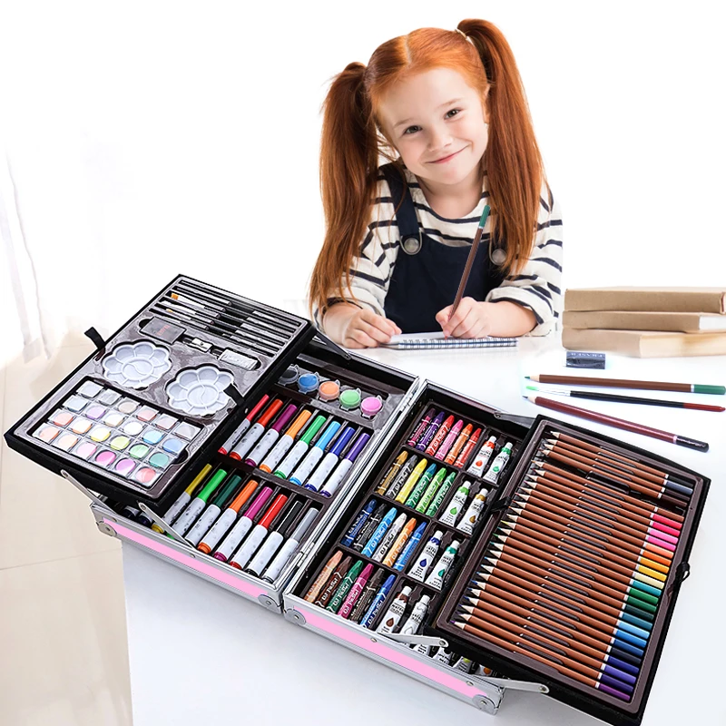 145 Pieces Deluxe Art Drawing Painting Pencil Case Creativity Sets for Kids Educational Toys Large Aluminum Box Gifts