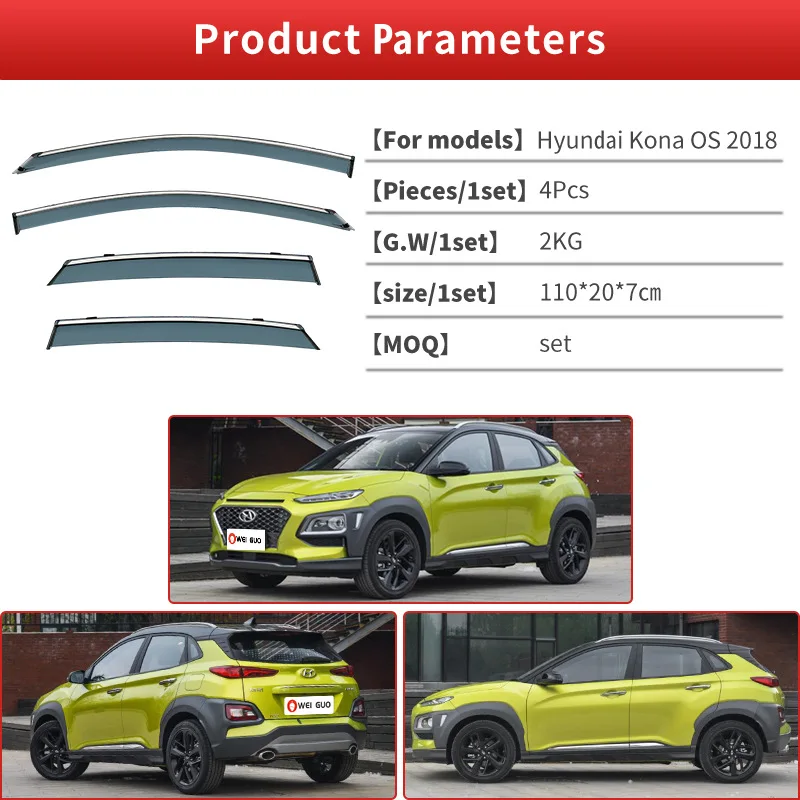Modern Luxury Stainless Steel Window Visor for Hyundai Kona Easy Sticker Installation Sun and Rain Protection Eyebrow