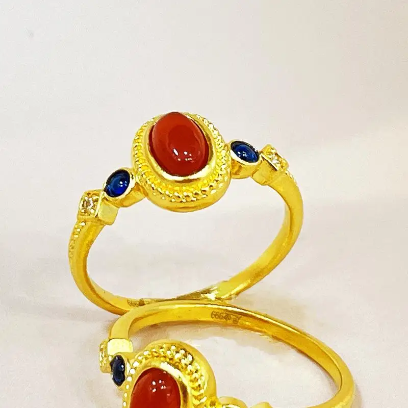 Golden Carnelian Enamel Mini Palace Sparrow 14K Gold Ring - Solid Gold Wedding Band for Women