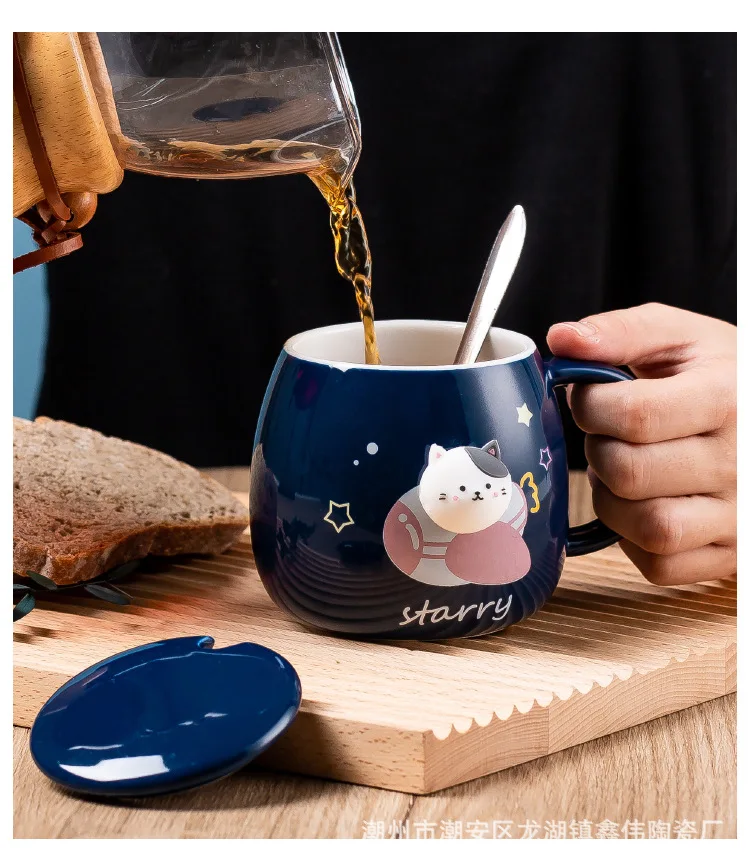Hot sale ceramic Potbelly mugs dark bule color cute cat cup design