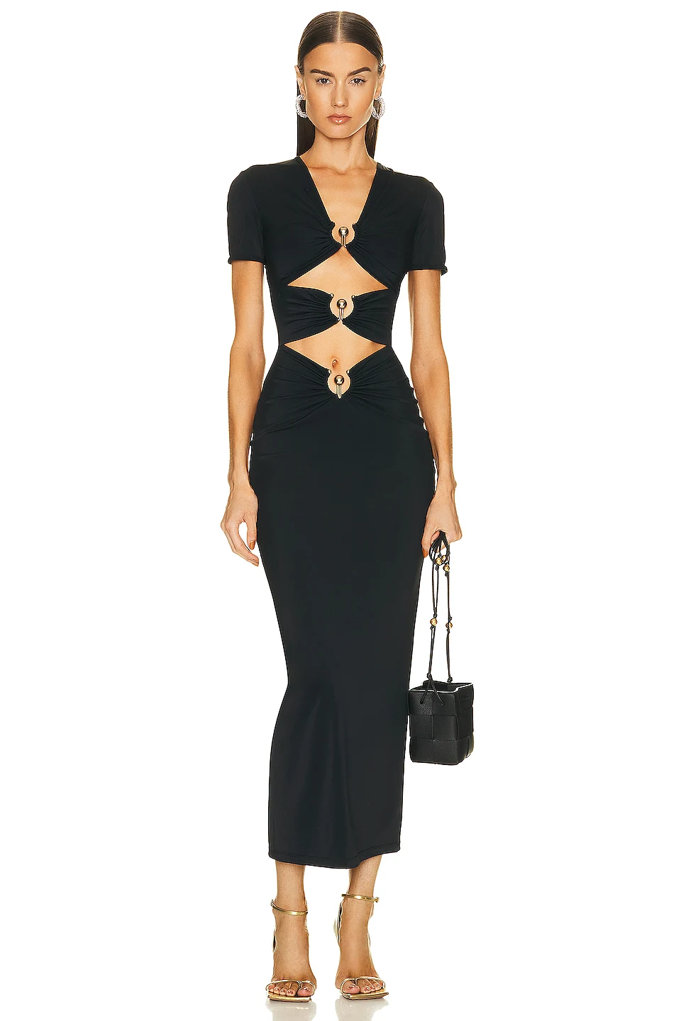 New Design Elegant Women High Quality Custom Fashion Trendy Front Cutting Out With Ring Gathering Sexy Slim Knit Dress