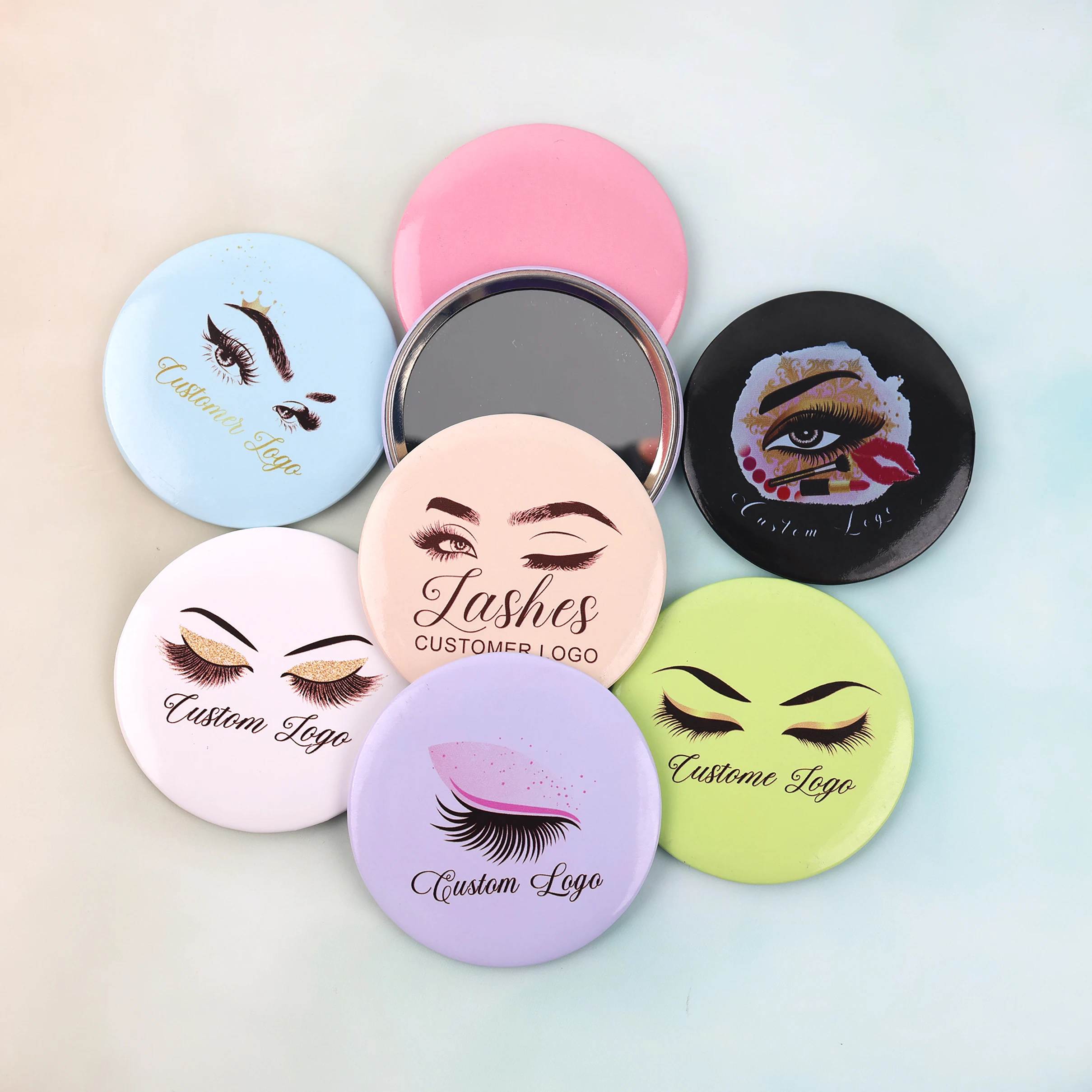 mink eyelash makeup mirror custom logo hand held Pocket Makeup Mirror Vanity  mini Mirror With Handle