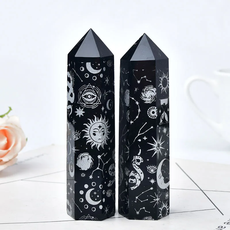 Natural Crystal Carved Obsidian Star-Moon Crystal Tower Crystal Point Healing Stone Hexagonal Obelisk