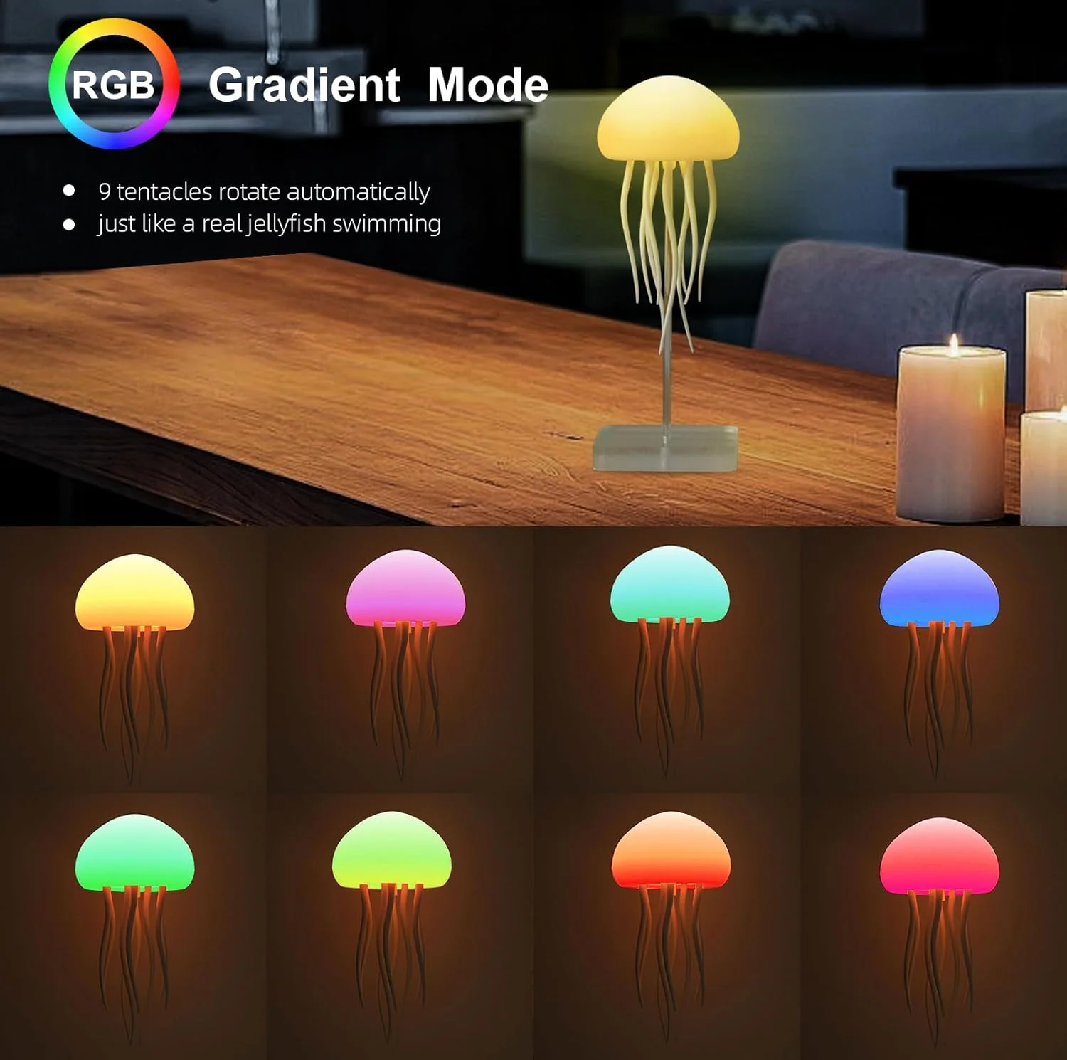 RGB Gradient Bedside Lamp Voice Control with Dancing Legs Rechargeable Jellyfish Table Lamp with Touch Sensor for Bedrooms Room