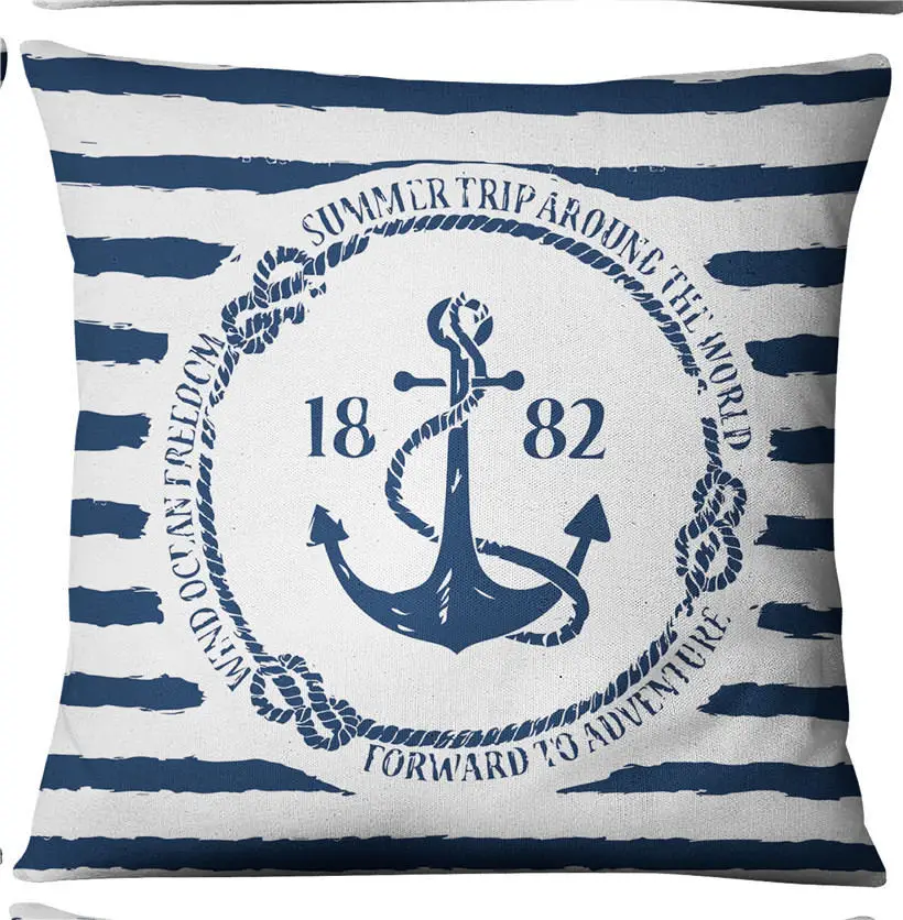 Ocean Nautical Anchor Blue White Striped Square Pillow Covers Linen Cushion Case for Home