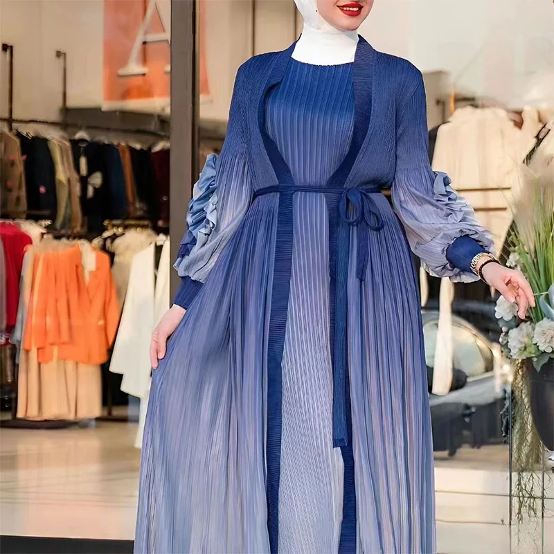 Дубайский халат 2024 плиссированное платье с аппликацией открытым градиентом спереди абайя 2 шт. жилет без рукавов арабское скромное для женщин