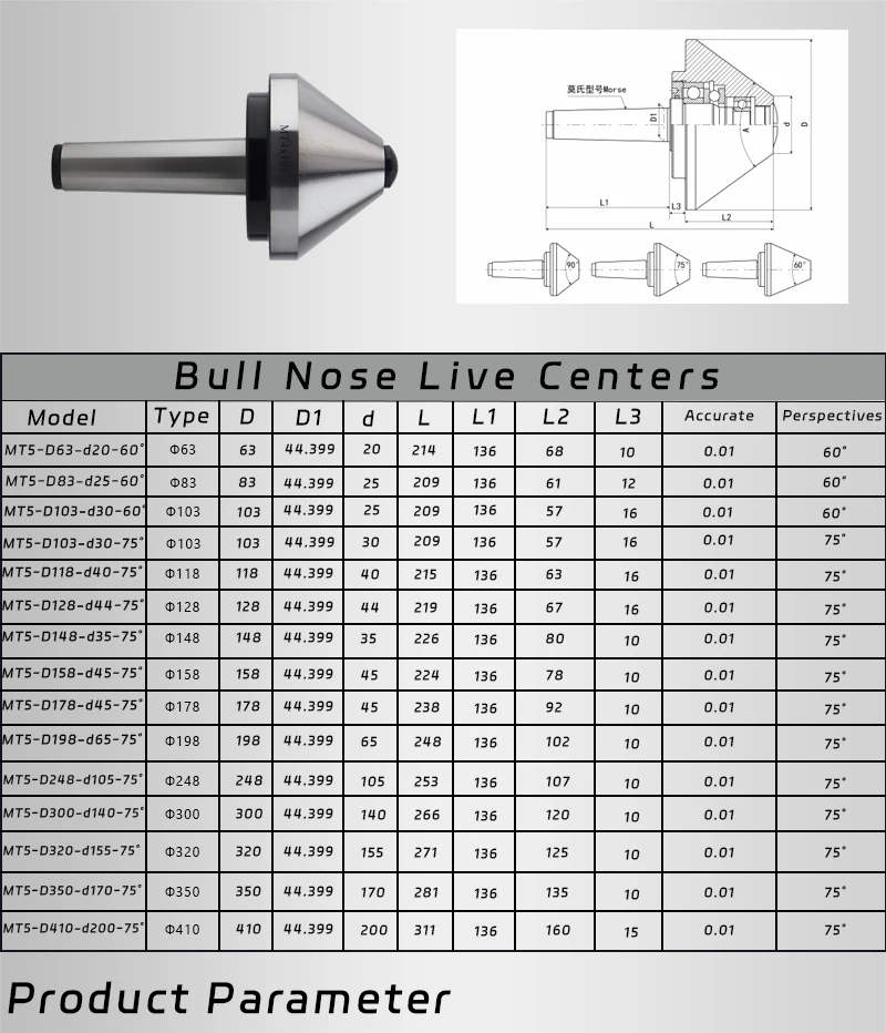 MT5*120 MT5*200 MT5*250 pipes live centers with 75 Degree cnc live centersHot Sales bull nose live center