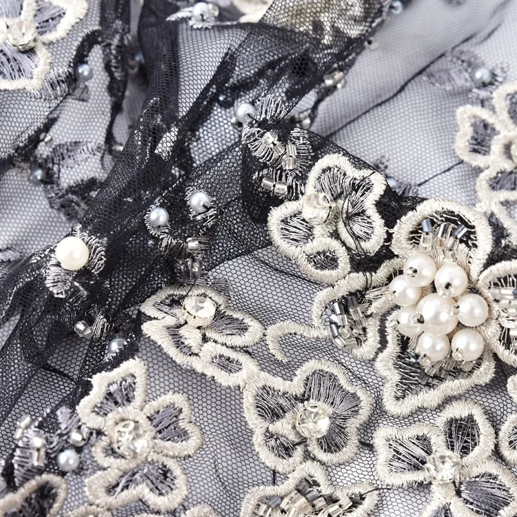 100% polyester bridal luxury beads sequins flower embroidery lace fabric for wedding