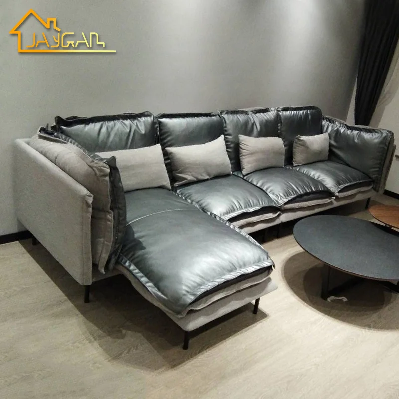 Home furniture 2 piece sectional with chaise modern L shape sofa set mixing leather and fabric corner sofa