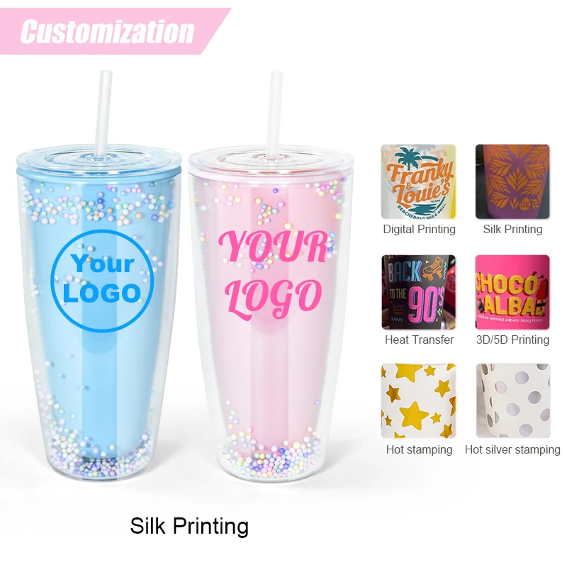 AGH New Arrival 24oz Double Wall Plastic Tumbler Acrylic Plastic Cup Colored Ball Filling Cup with Straw and Lid