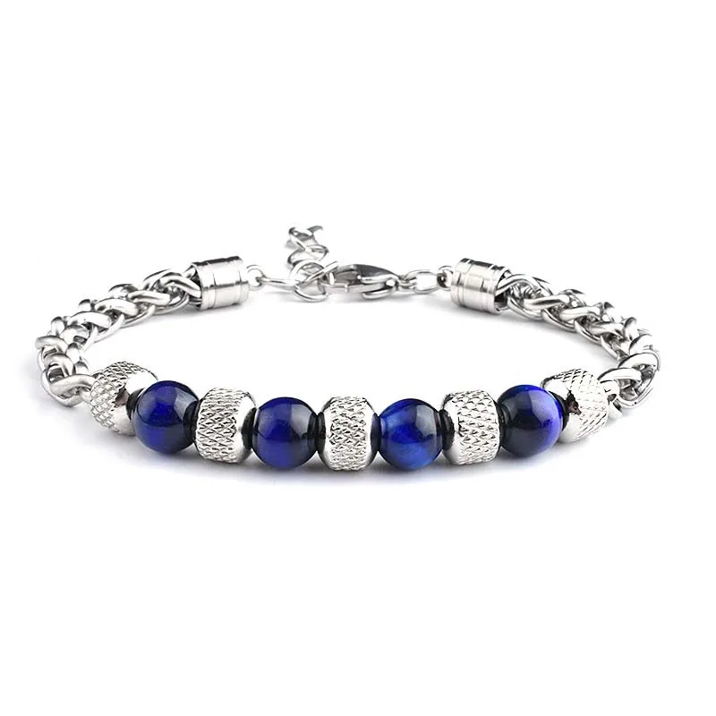 Luxury Punk Hiphop Style Silver Plated 316L Stainless Steel Chain Mens Charm Blue Yellow Green Tiger Eye Natural Stone Bracelet
