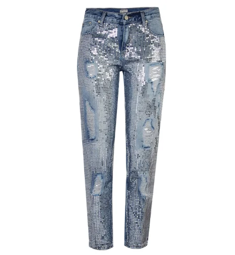 Straight leg cropped jeans shiny glossy sequin pants meta l embroidered beaded denim jeans trousers women