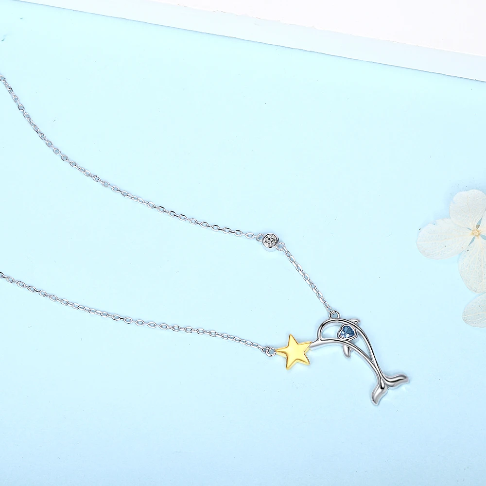 925 Sterling silver blue zircon pave cute animal dolphin star pendant necklace for women gift