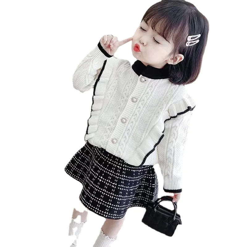 XINGKONG Knitted Bow Sweater Pleated Half Skirts Two Pieces Set for Baby Girls