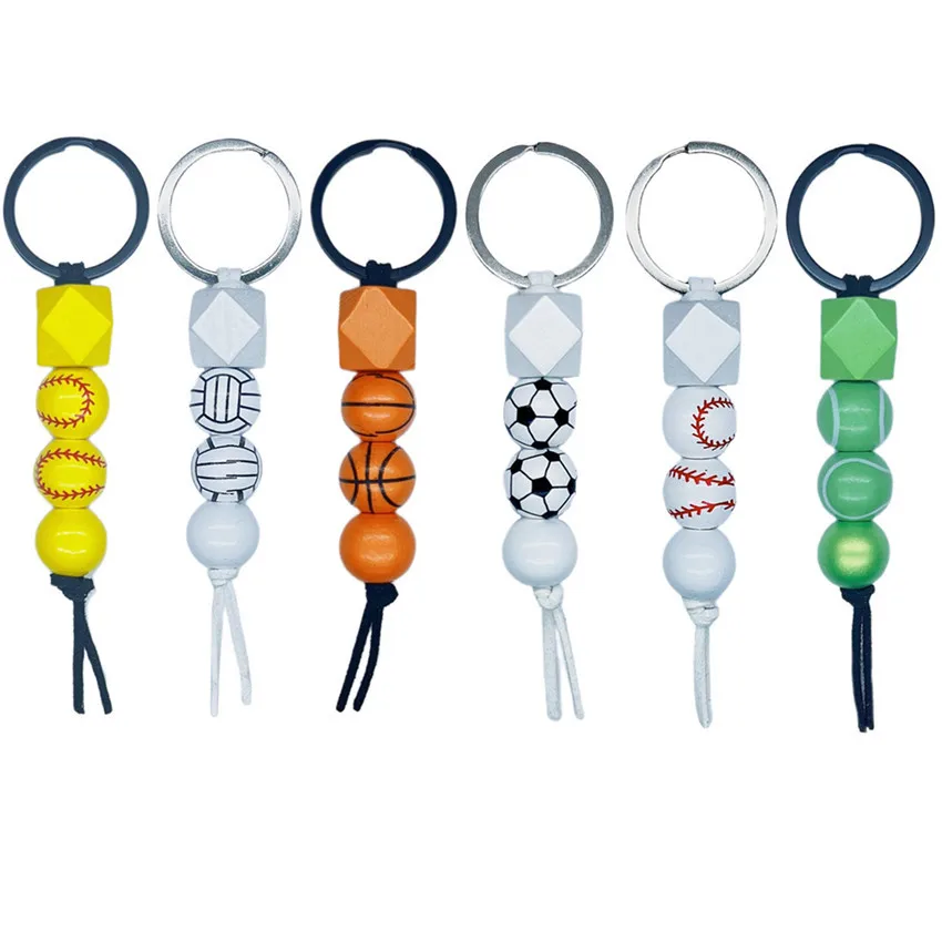 Basketball Football Tennis Baseball Volleyball Wooden Bead Print Pendant Key Chain Keychain