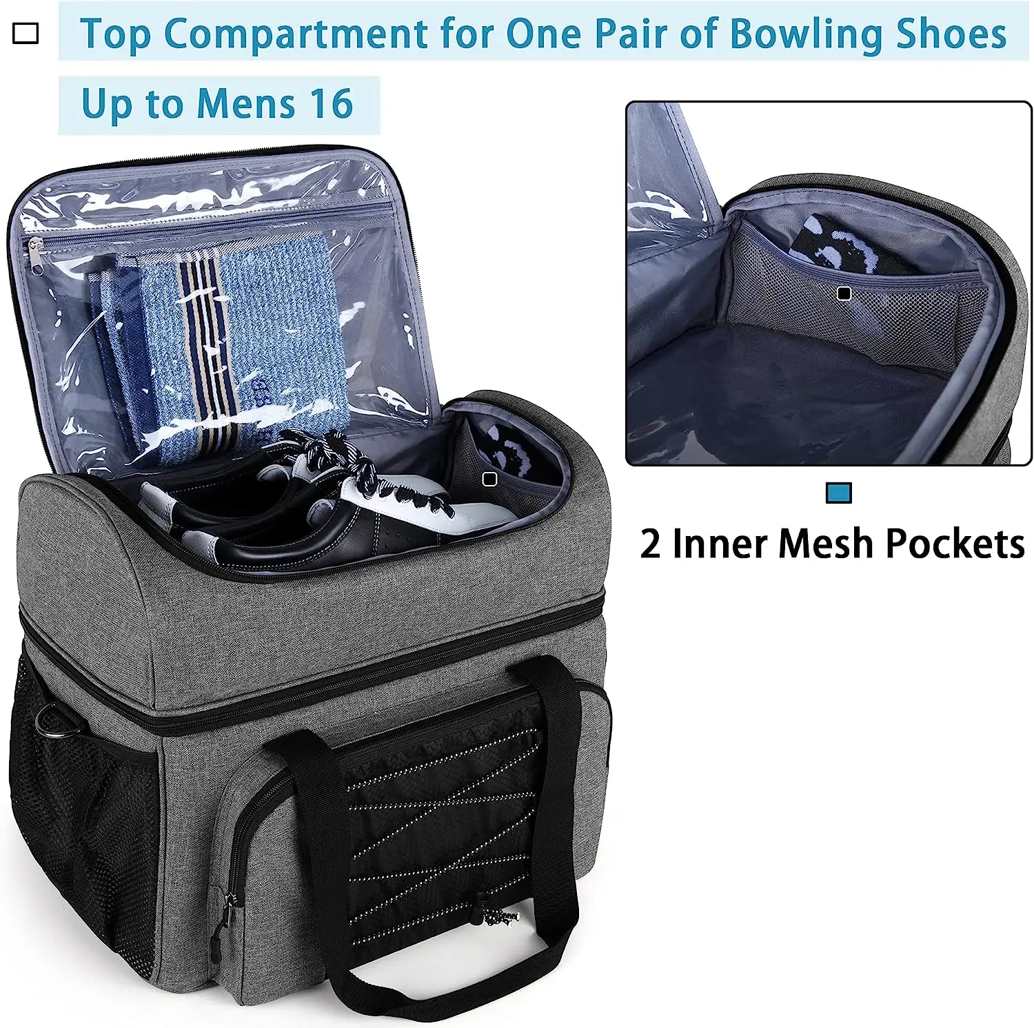 Bowling Bag 2 Balls Tote with Wooden Bowling Cups and Padded Divider for Double Ball and A Pair of Bowling Shoes Up to Mens 16