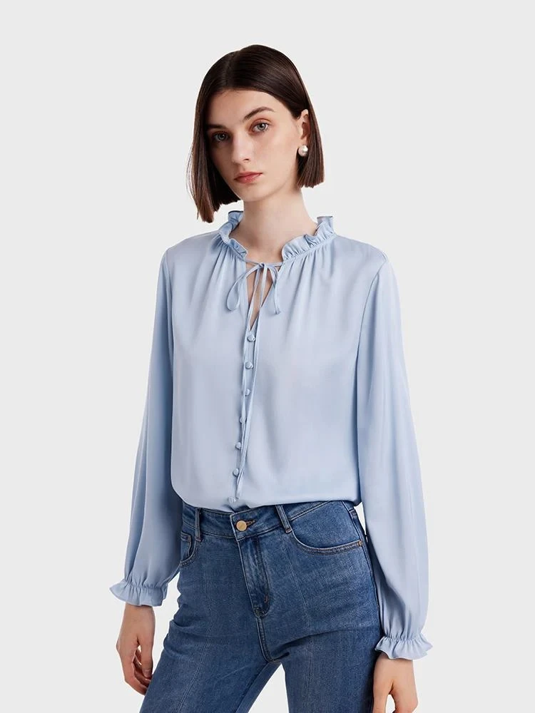 Woman Clothes Round Neck Long Cuffed Sleeves Drop Shoulder Puff Sleeve Western Women Blouses
