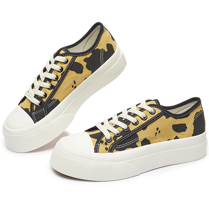 High Quality Custom Print Cow Lace Up Canvas Trendy Platform Shoes Rubber Sole White Shoes For Women