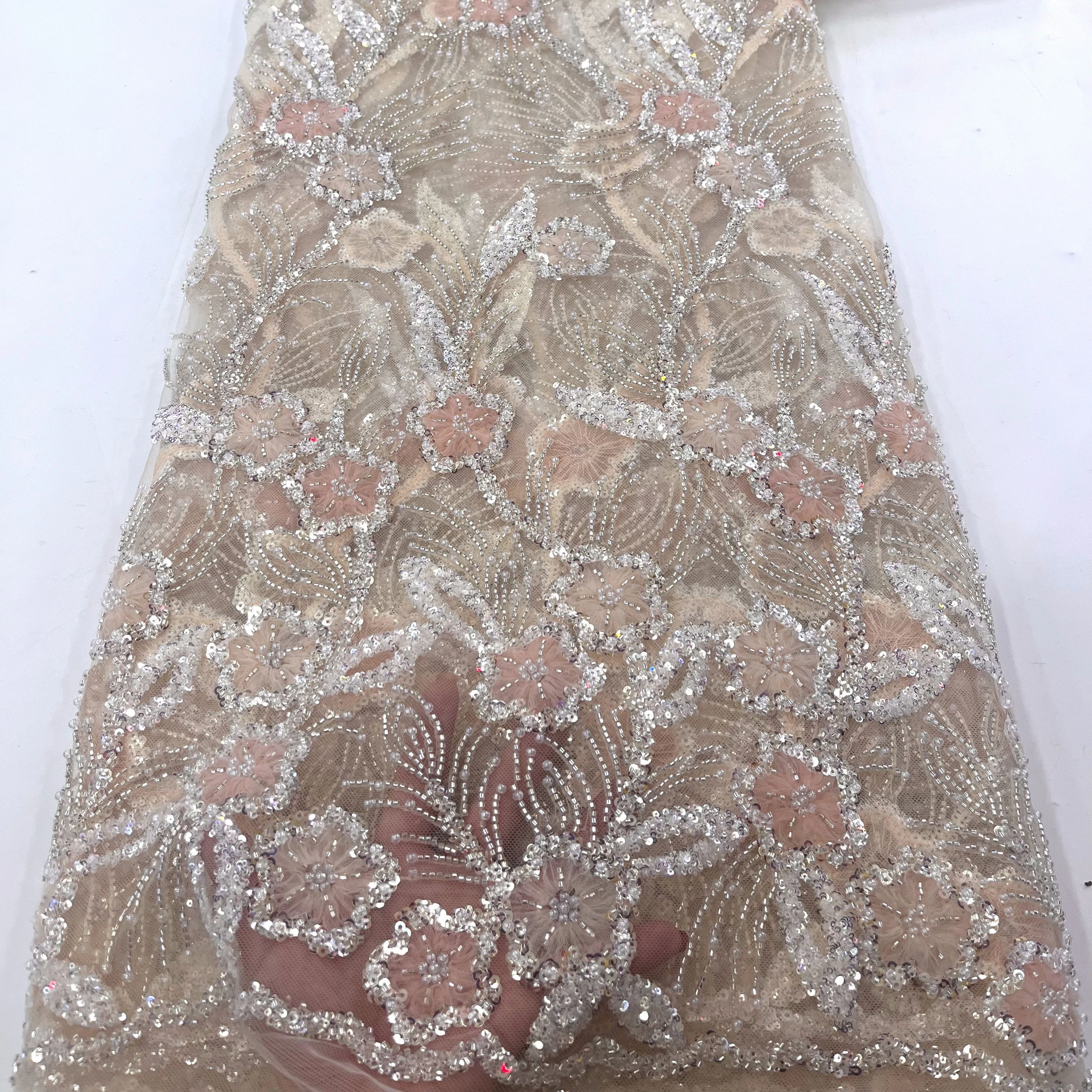 Wholesale Luxury Embroidery Bridal Lace Fabric Flower With Heavy Sequin Beaded Tulle Wedding Laces Fabrics For Women