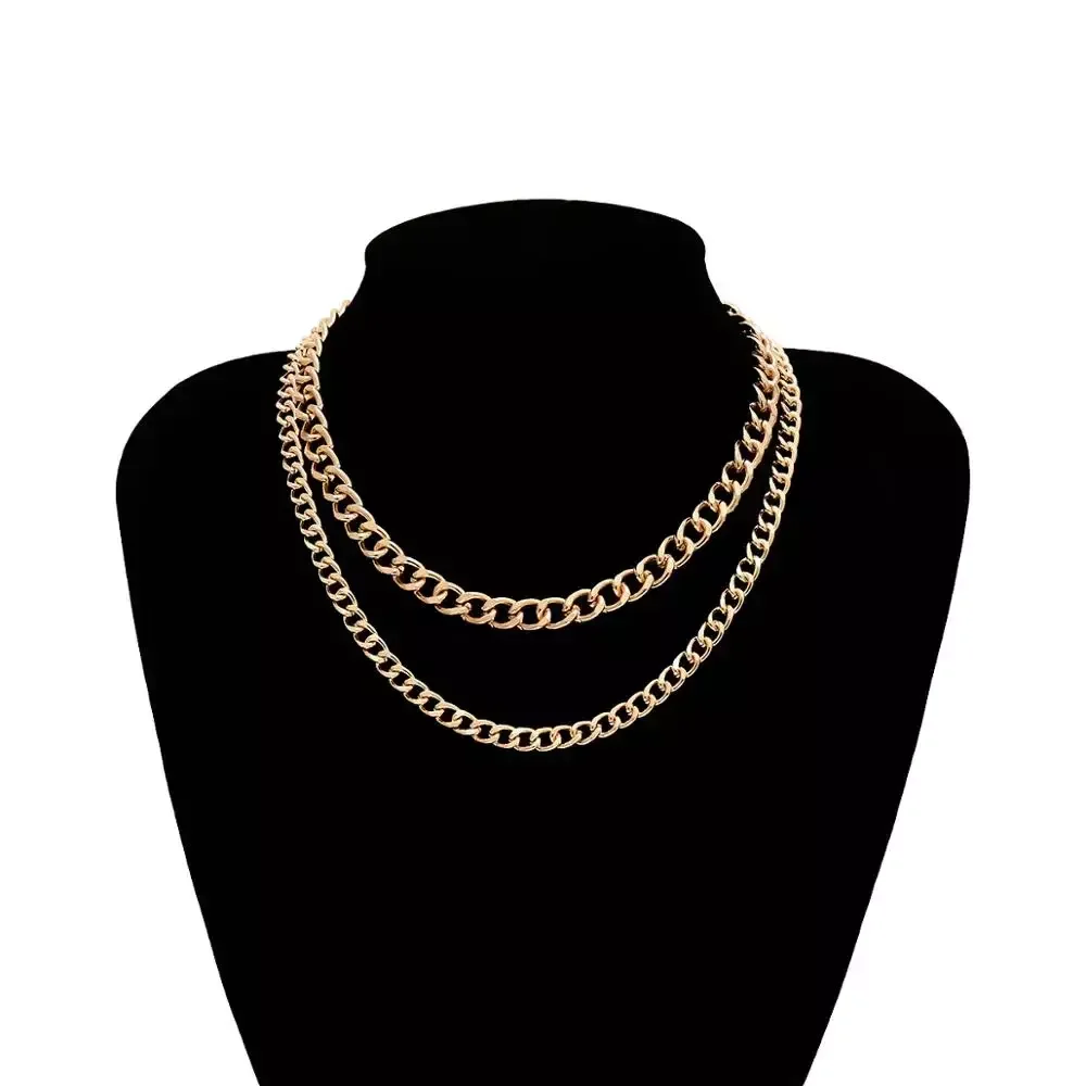 SHIXIN Two Layered Link Thick Necklace Punk Curb Cuban Gold Color Chain Necklace Choker for Women Statement Femme Accessories