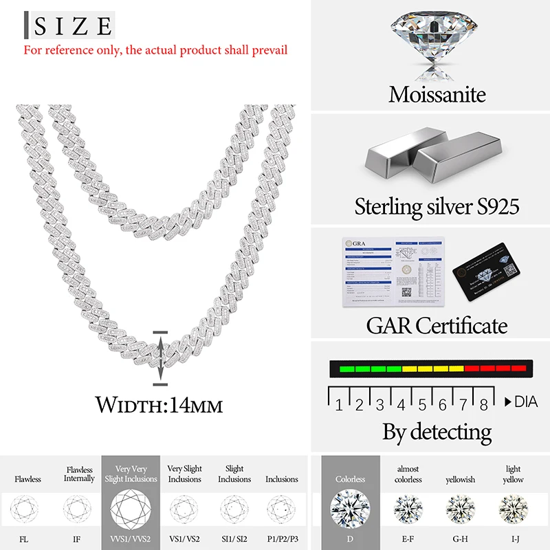 Pass Diamond Tester 14mm 925 Sterling Silver VVS Baguette Moissanite Iced Out Pill Shape Miami Cuban Link Chain Necklace