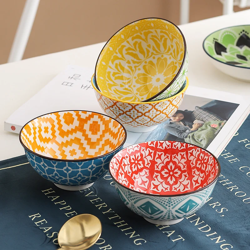 Wholesale Custom 6 Inch Vintage Cereal Rice Double-Sided Printing Emboss Color Japanese Dessert Bohemian Ceramic Dessert Bowl