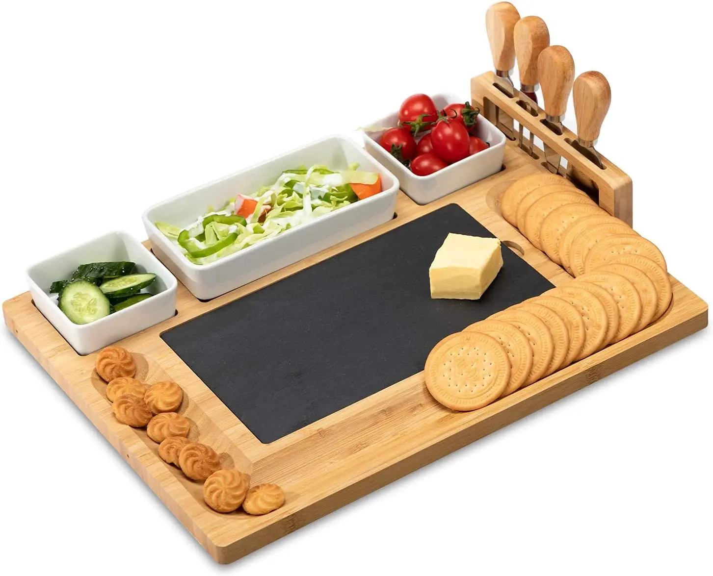 Bamboo cheese board and knife set with rock cheese tray and 3 ceramic bowls fruit deli board, housewarming wedding birthday gift