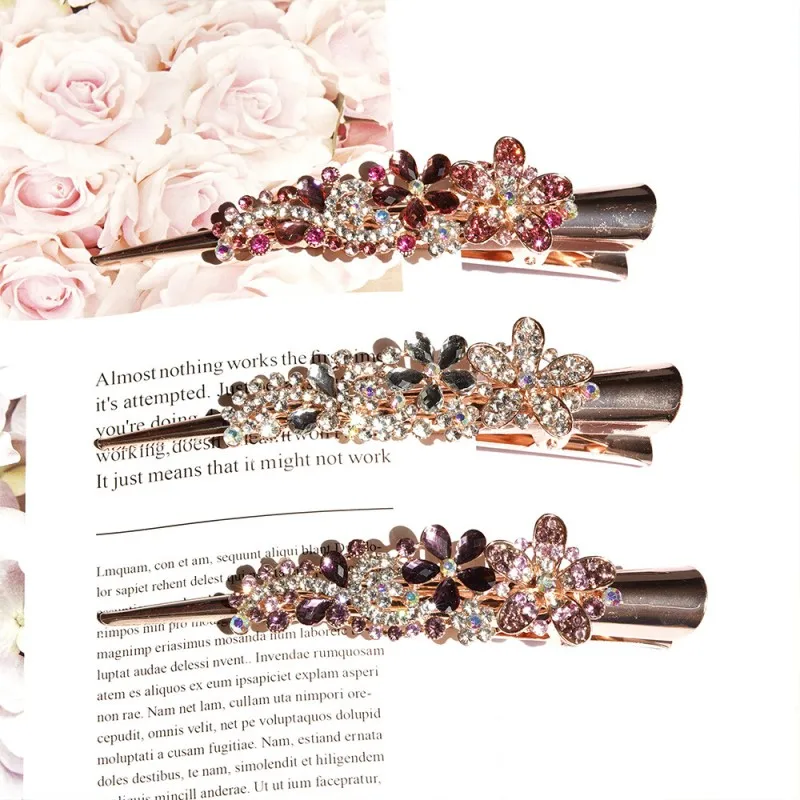 Sparkly Flower Leaf Rhinestone Long Metal Alligator Hair Clips Duckbill Clips Barrettes Hair Pins Accessories for Women Girls