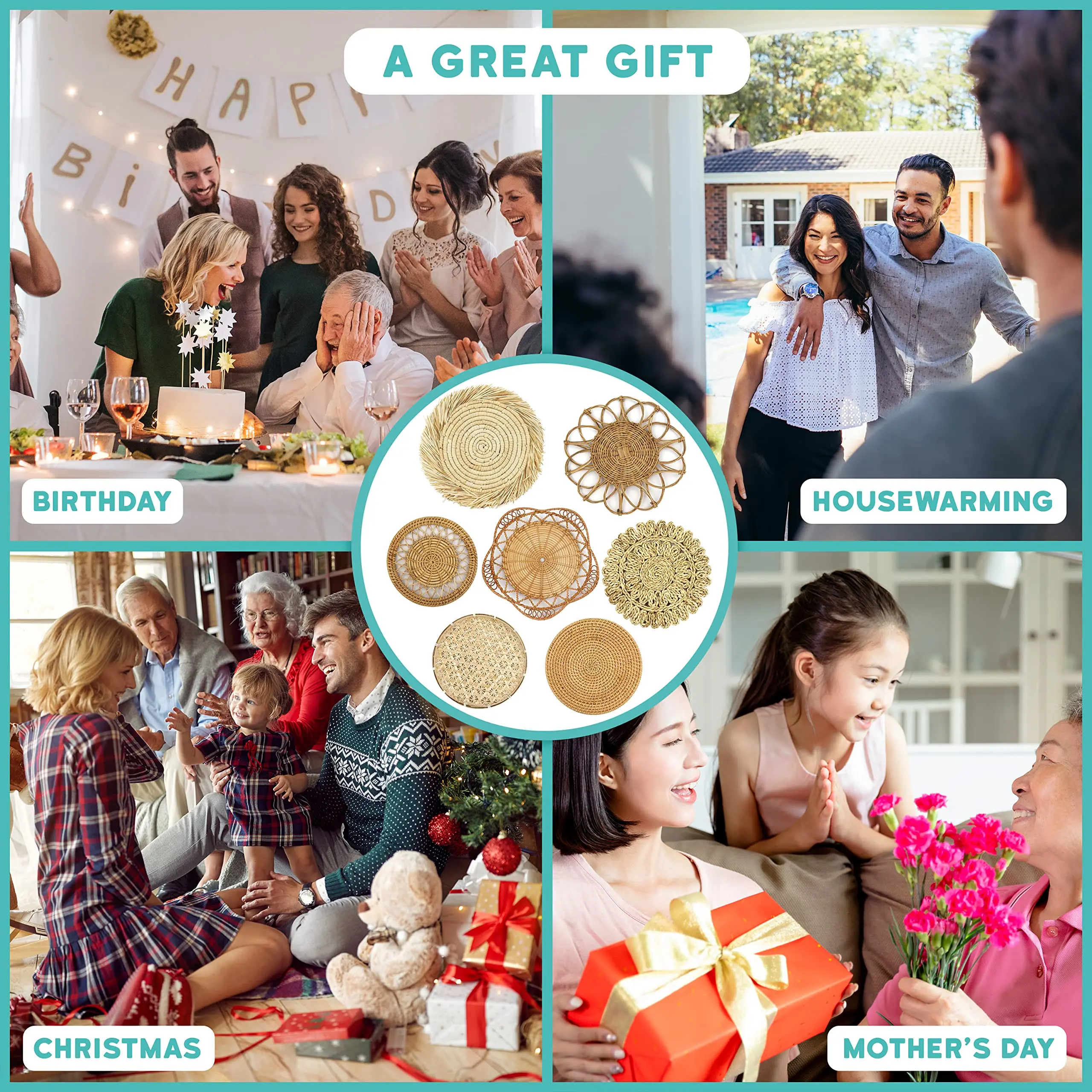 Haosen Rattan Wicker Wall Hanging Decor Basket Charger Home Plate Placemat S7 Natural Boho Handwoven