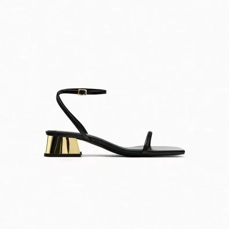H158-585 ZA Wholesale New square toe women black shoes block low heels open Toe buckle strap pumps