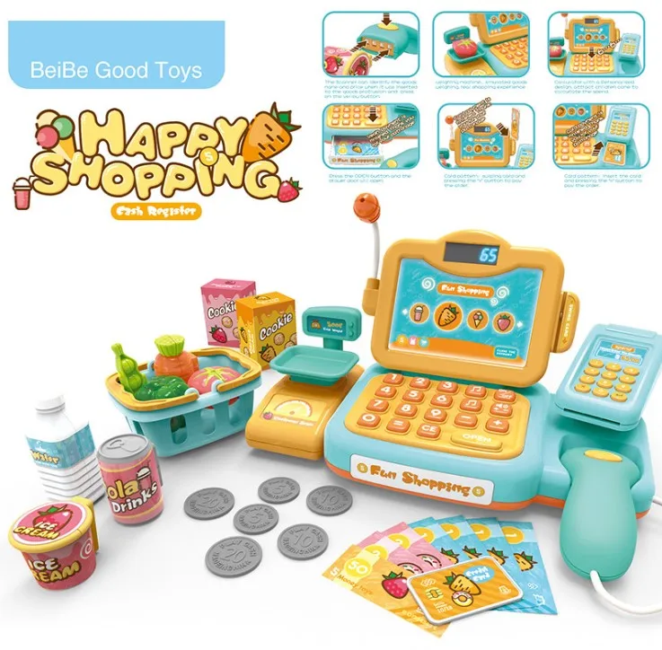 DIY Pretend multi-function intelligent shopping supermarket fruit scan cash register toy set with microphone