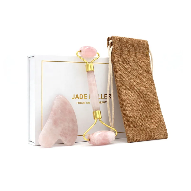 
Rose Quartz Facial Jade Massage Roller Anti Aging Facial Roller Rose Quartz Roller Guasha Set Package Box and Pouch 