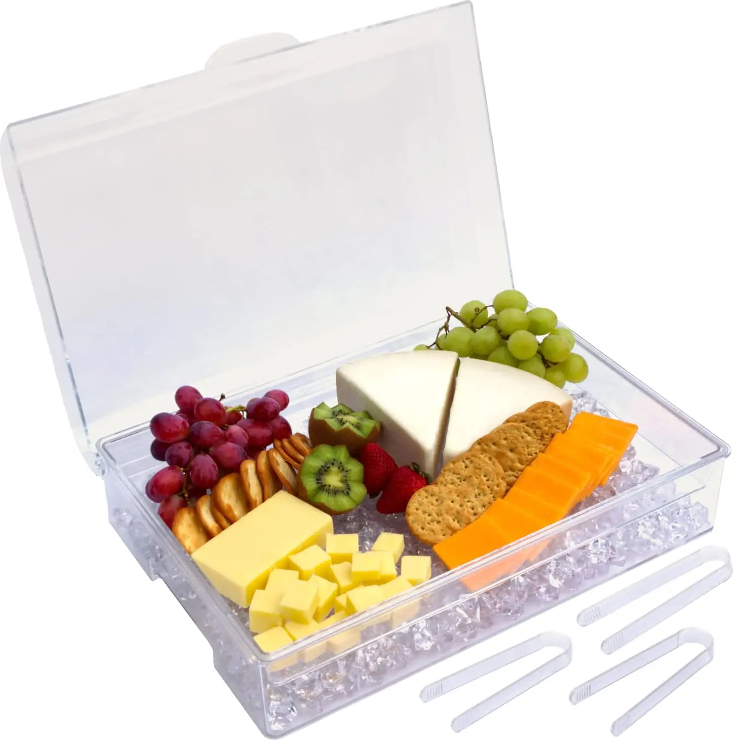 Ice Chilled Party Platter Large Removable Serving Tray and Hinged Lid Ideal for Appetizers Seafood Cheeses Tray Camping Plastic