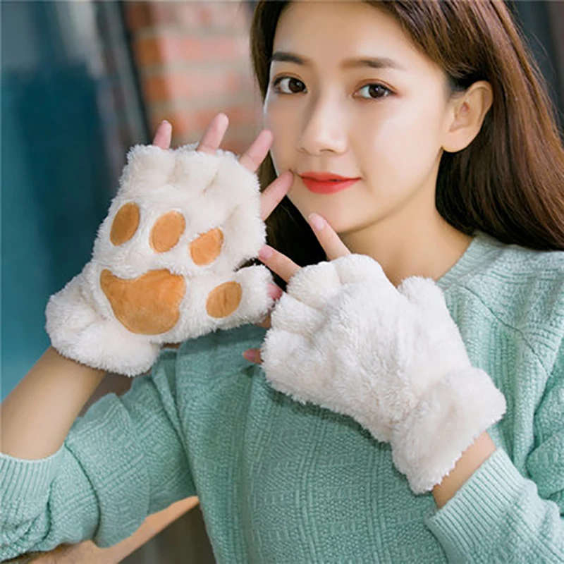 Women Bear Plush Gloves Faux Fur Kitten Fingerless Mittens Winter Cute Cat Paw Claw Christmas Halloween Girls